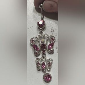 Pink Gem & Silver Butterfly Inspired Dangle Belly Ring